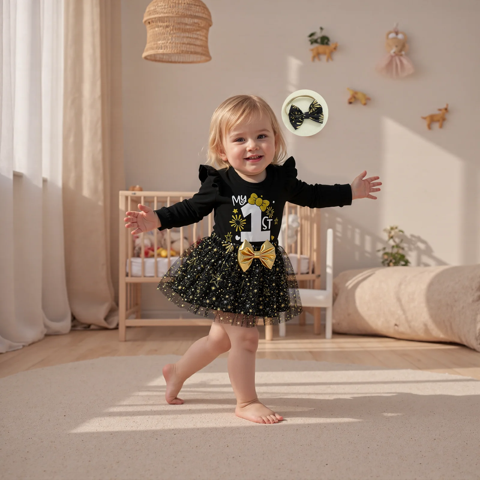 طفلة السنة الجديدة الزي طويلة الأكمام رومبير الألعاب النارية طباعة تول تنورة عقال مجموعة ملابس الوليد