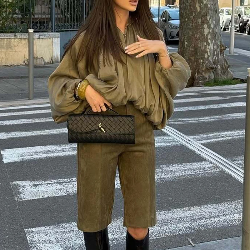 YENKYE Elegant Pleated Green Oversize Bomber Jacket Women Batwing Sleeve Lapel Collar 2025 Spring Coat Street Commuter Lady Top