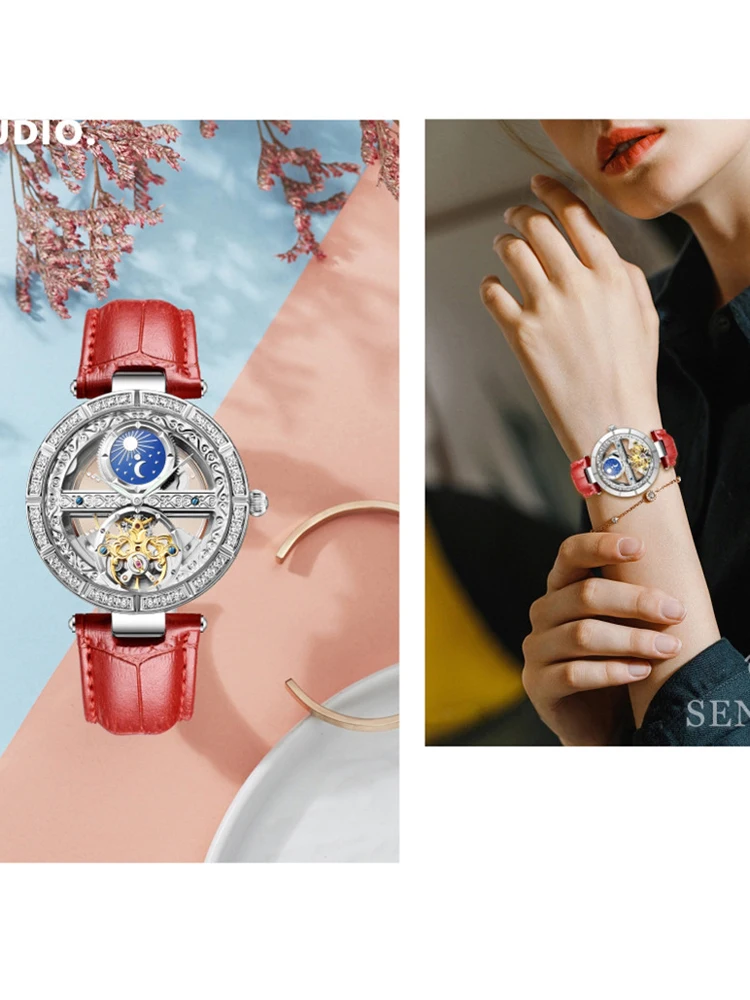 Ladies Watch Automatic Woman Luxury Fashion Waterproof Watch for Women Watches Skeleton Tourbillon Mechanical Clock Relogio New