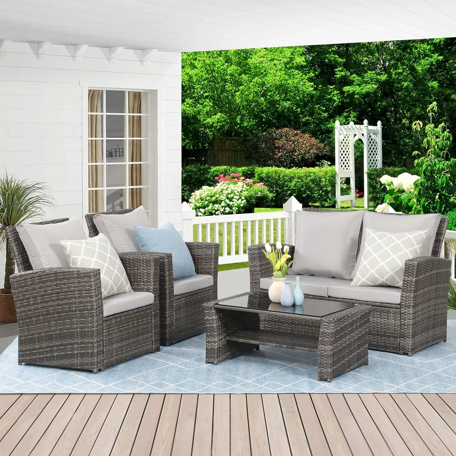 Wisteria Lane 4 Piece Outdoor Patio Furniture Sets, Wicker Conversation Set for Porch Deck, Gray Rattan Sofa Chair with Cushion