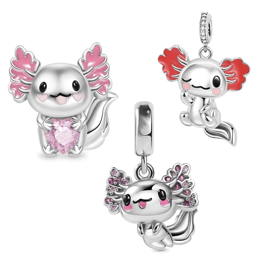 Hot Sale Mexican Axolotl Embraces Heart Gemstone Dangle Charm Bead Fit Original 925 Sterling Silver Bracelet DIY Jewelry