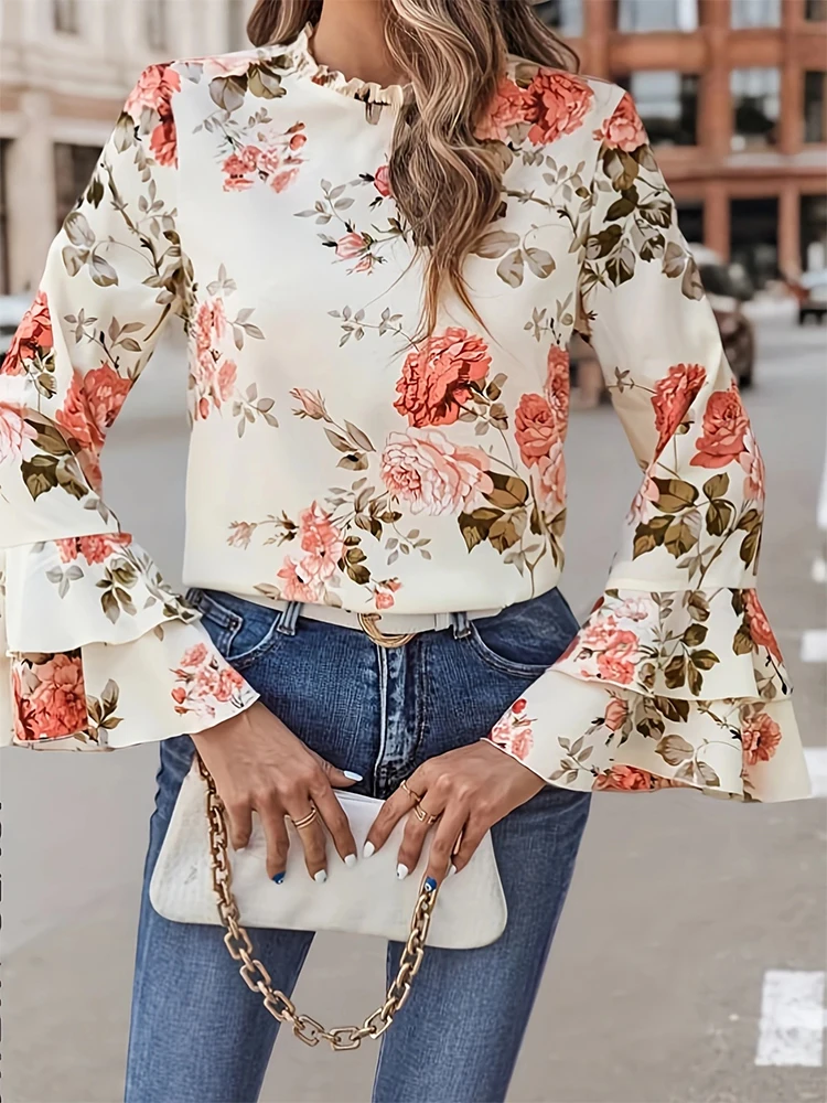 おしゃれな春夏レディース花柄ベルスリーブカラーシャツエレガントな雰囲気カジュアルウェア