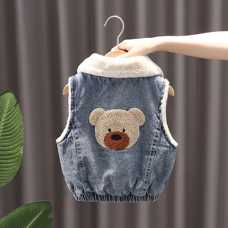 Winter Children Girls Fleece Denim Waistcoat 1-6Y Kids Girl Bear Patch Sleeveless Jacket Turn Down Collar Infant Baby Girls Vest