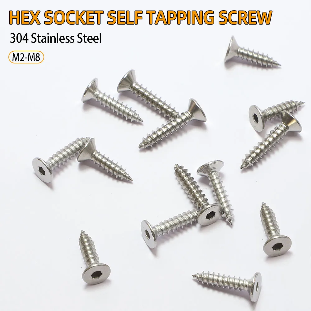 3-50pcs M2 M2.6 M3 M4 M5 M6 Stainless Steel Hexagon Hex Socket Countersunk Flat Head Self-tapping Screw Allen Head Wood Screws