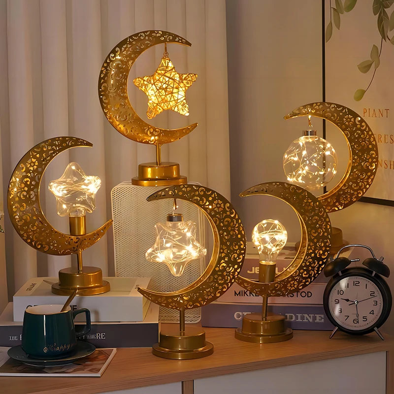 LED Iron Moon Lamp Round Ball Star Moon Table Lamp Bedroom Decoration Light Halloween Christmas Atmosphere Ramadan Night Light