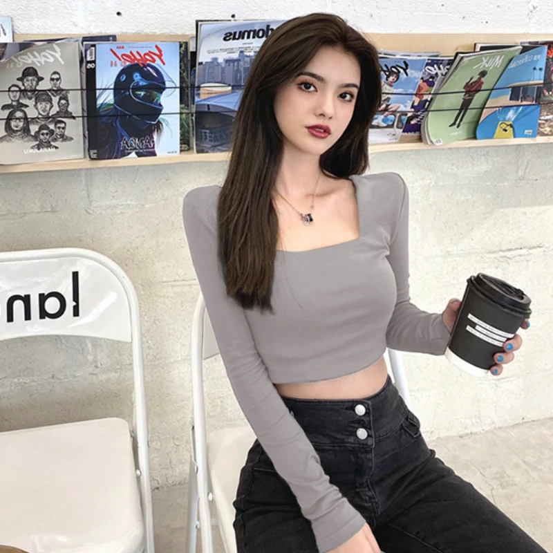 

Футболки женские, ранняя осень, новые узкие базовые простые укороченные топы, модная одежда для отдыха, сексуальные, эстетичные, однотонные, на каждый день, в стиле Харадзюку, шик