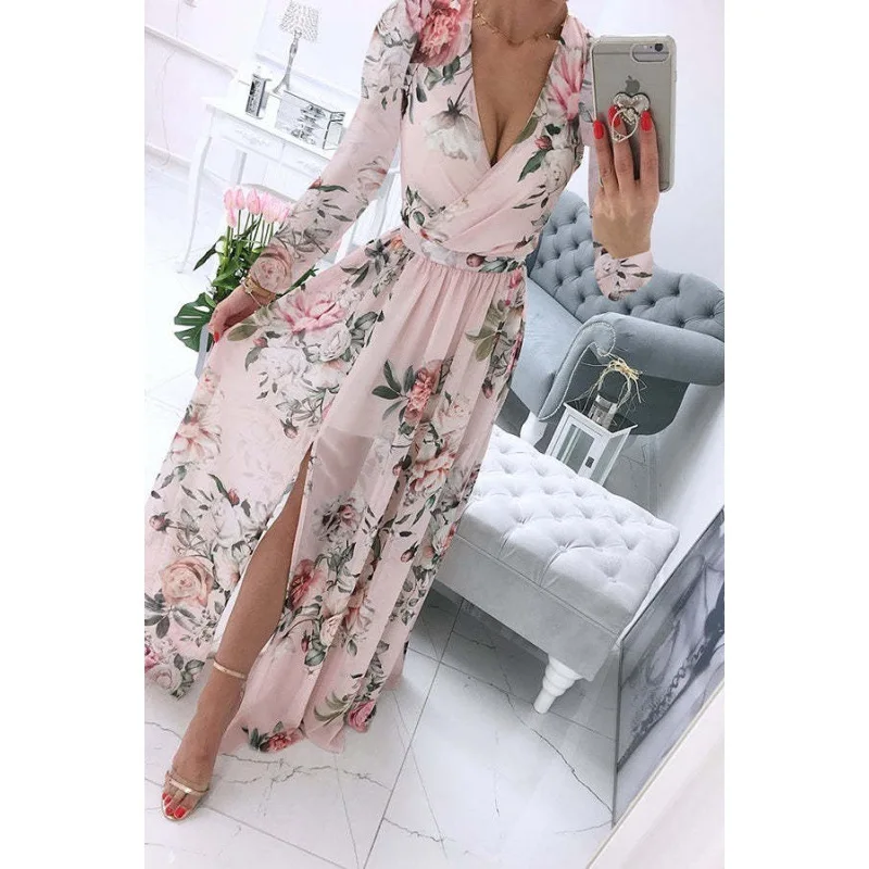 New Summer Long Dress Printed V-neck Chiffon Long-sleeved Dress Bohemian Style Full Skirt Dress