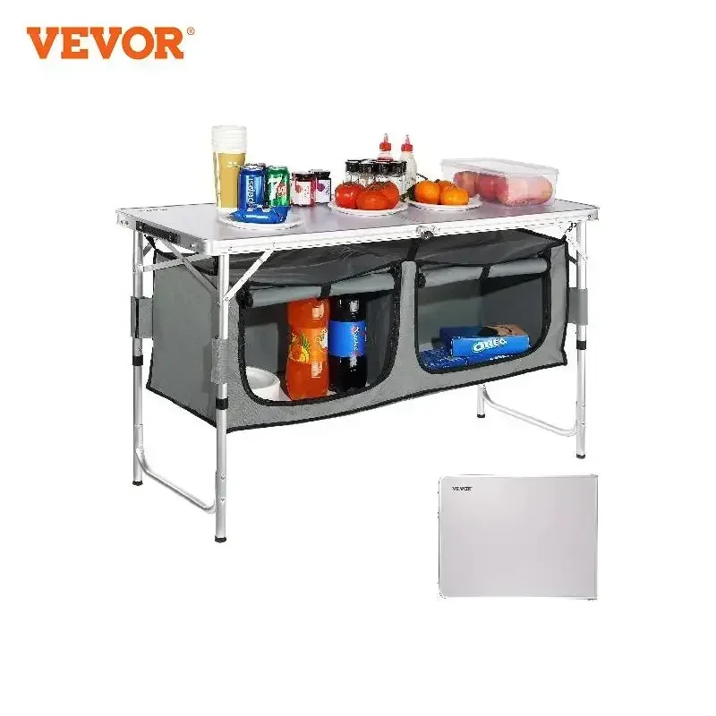 VEVOR Camping Kitchen Table, Quick Folding Camping Table,3 Adjustable Heights,  for Outdoor Picnics, BBQs, Camping RV Traveling