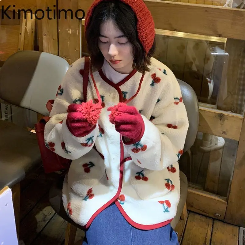 Kimotimo Japanese Cute Cherry Lambwool Coat Women 2024 Autumn Winter Warm Loose Round Neck Jacket Fashion Sweet Jacquard Tops