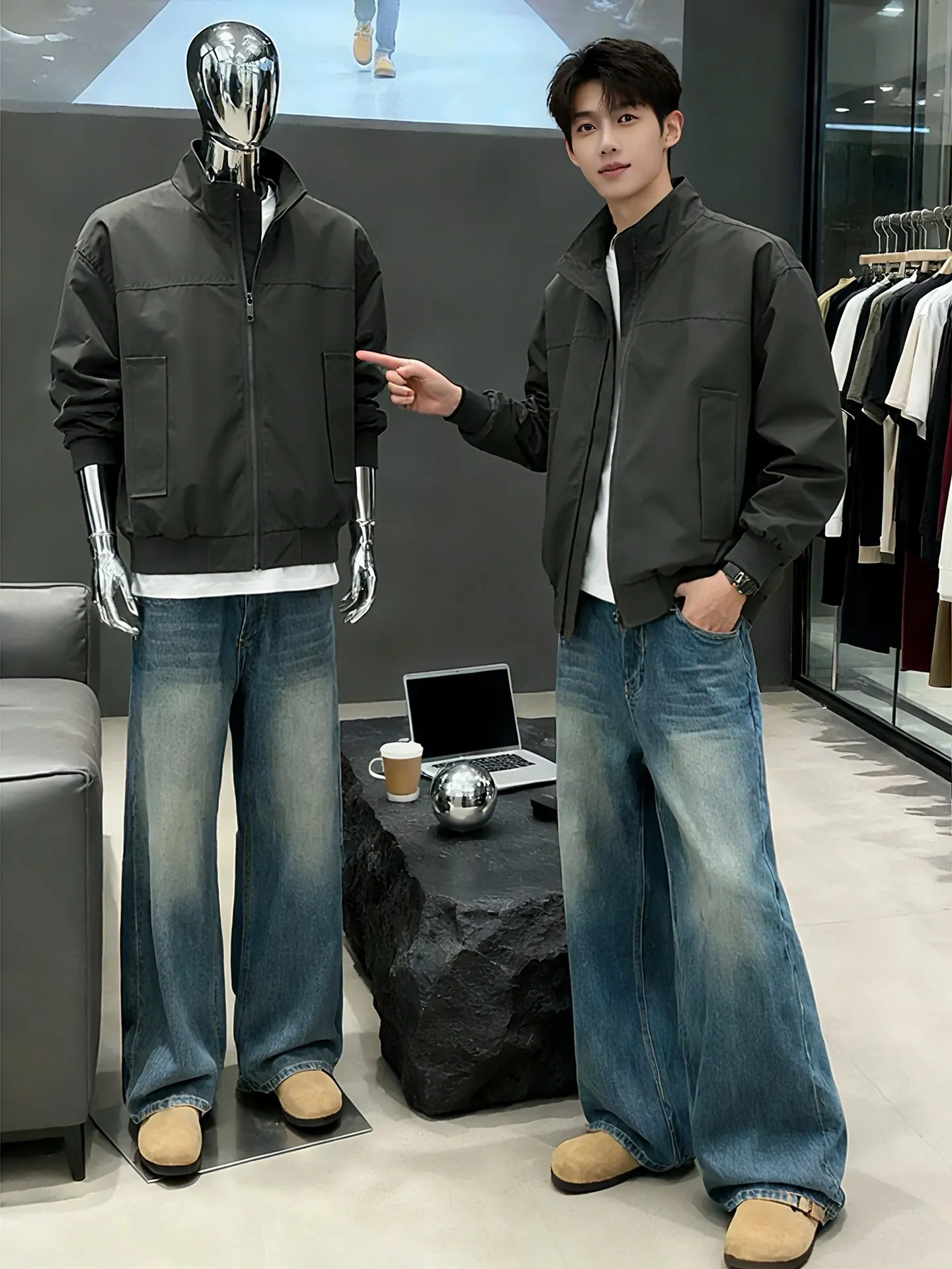 Chaqueta de vuelo retro americana con cuello alto para hombre, estilo Cleanfit, para primavera y otoño, ropa de trabajo de poliéster, chaqueta casual.
