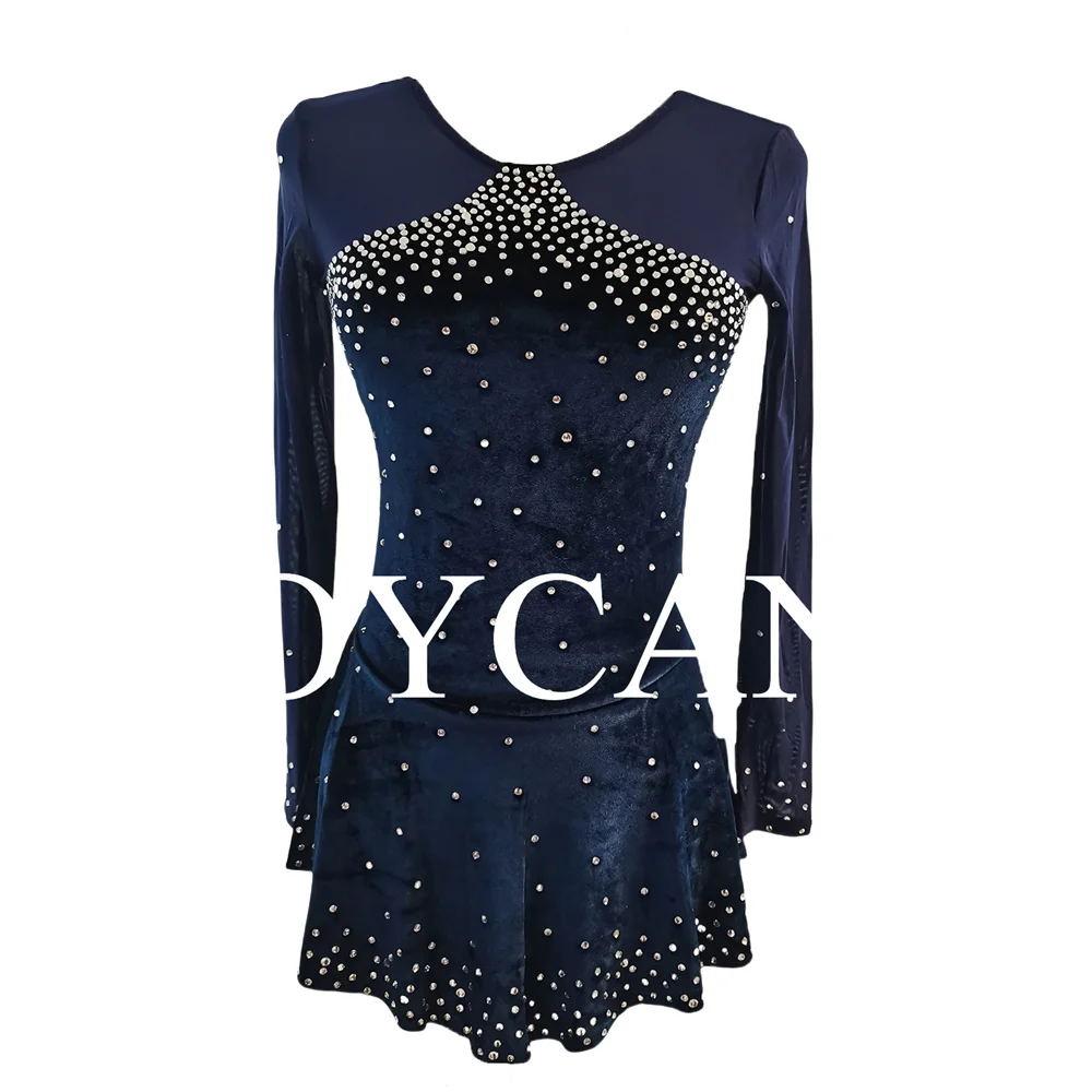 JoyCan Ice Figure Skating Dress Girls Blue Velvet Stretchy Competition Dance Wear Customized