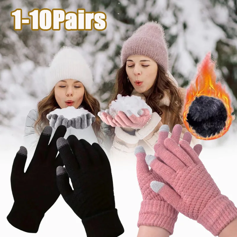 1-10Pairs Winter Thick Knit Gloves Touch Screen Friendly Fleece Lined Warm Cold Proof for Men Women Students Outdoor Use