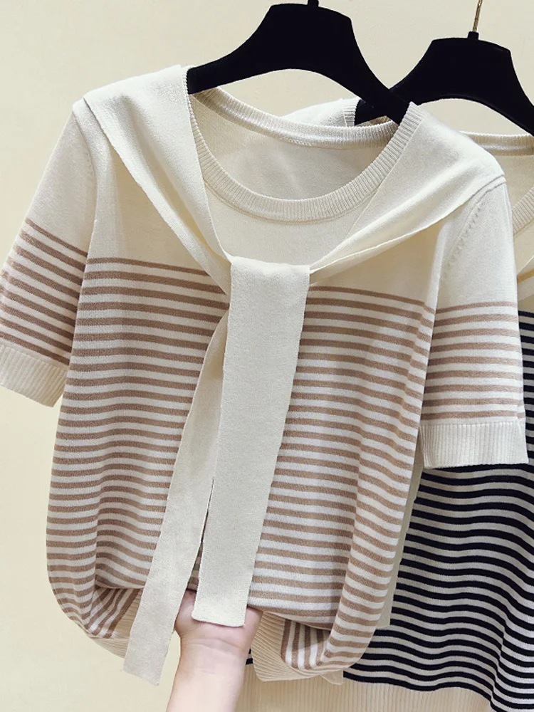 女性のグラデーションストライプニットTシャツ、ラディーズ-ネックプルオーバー、半袖knitwear、アイスシルク、スタイリッシュ、ヴィンテージ、夏、2022