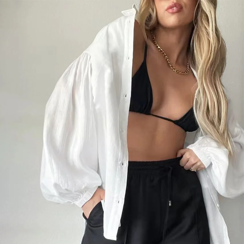 Lanterna sve transparente casual irt proteção solar gola cor pura solto ajuste feminino verão faion