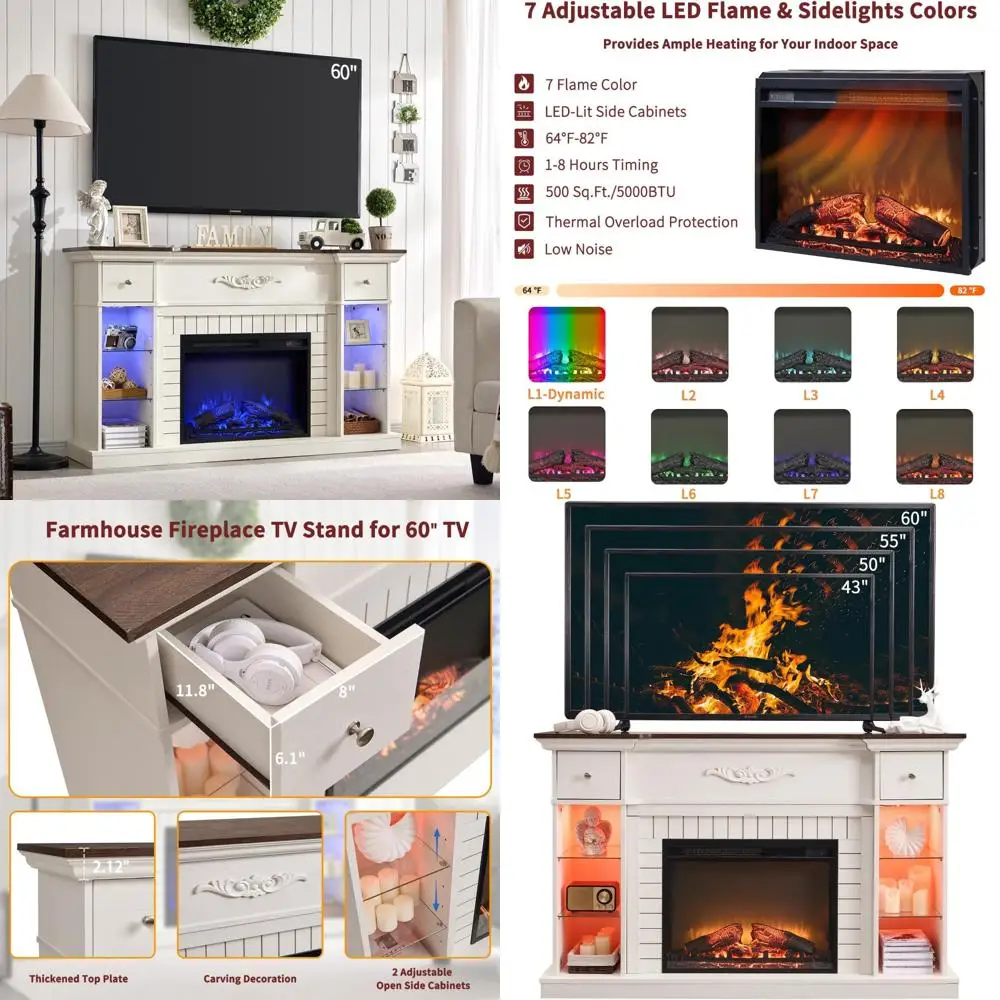 

60 LED TV Stand with Electric Fireplace, 7 Color Options, Adjustable Shelves & Storage