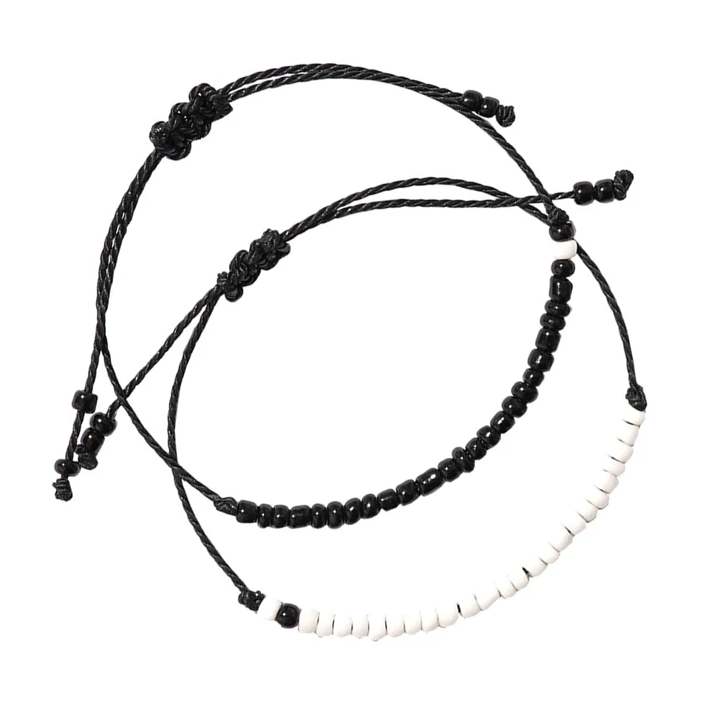 1Pair Black White Beaded Couple Bracelets Woven String Adjustable Length Knot Closure Friendship Relationship Hand Chain Summer