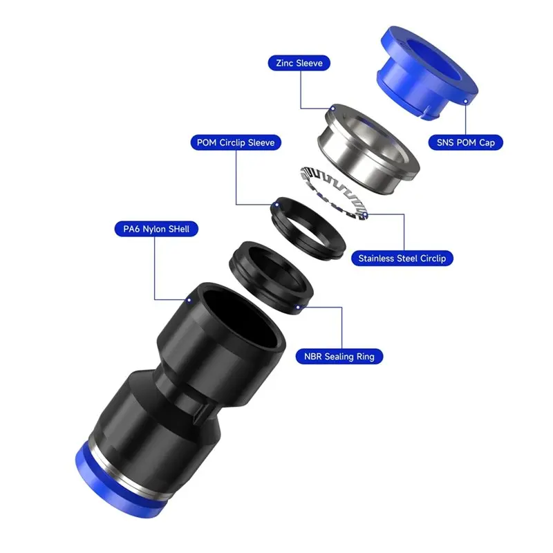 DT39 Pneumatic Fittings Straight Reducer 100PCS PG8-6 Push in Quick Connector for Air Water Tube 2 Way