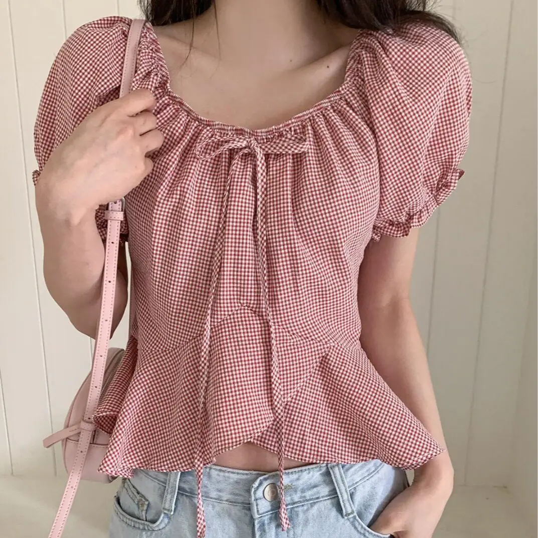 

Korean Style Plaid Bubble Sleeve Shirt Women's Fashion Shoulder Bow Tie Ruffle Hem Blouse Short Sleeve Regular Fit Casual Wear