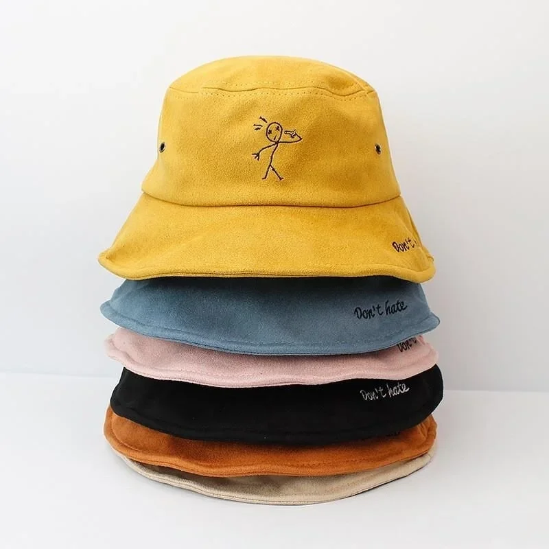 

Warm Suede Embroidery Bucket Hat Fisherman Hat Outdoor Sunscreen Cotton Fishing Hunting Cap Travel Hat Winter Hats Sun Prevent