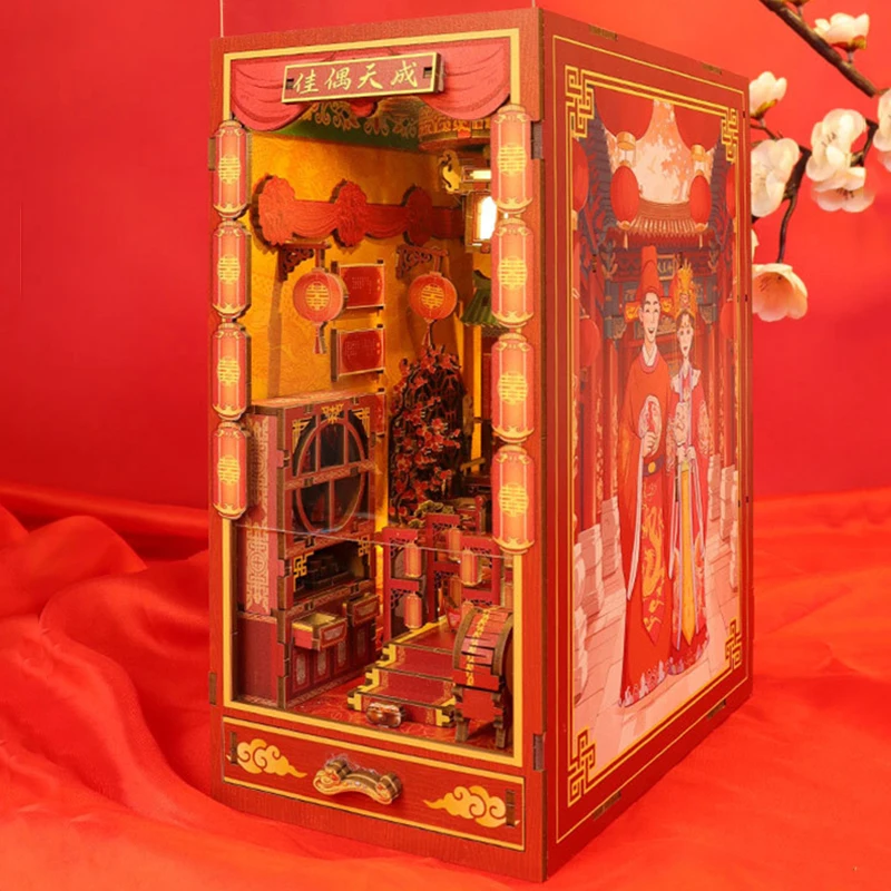 DIY Wooden Book Nook Shelf Insert Kit Chinese Wedding Miniature Model Kits Bookshelf With Light Bookend for Friends Gifts