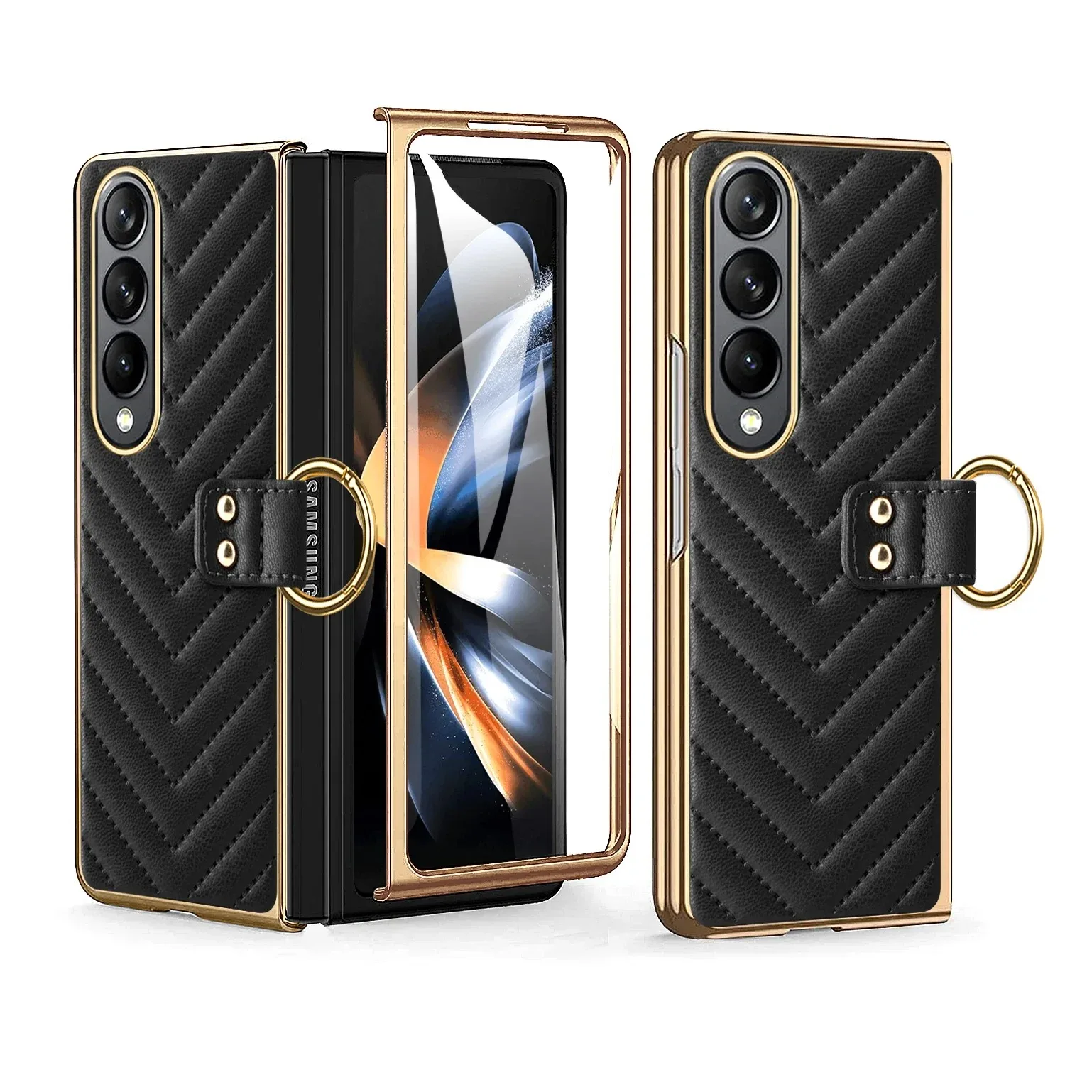 

Luxurious Ring Support Wireless Charging Phone Case with Glass Front Film Suitable for Samsung Galaxy Z Fold 7 6 5 4 3 Cover