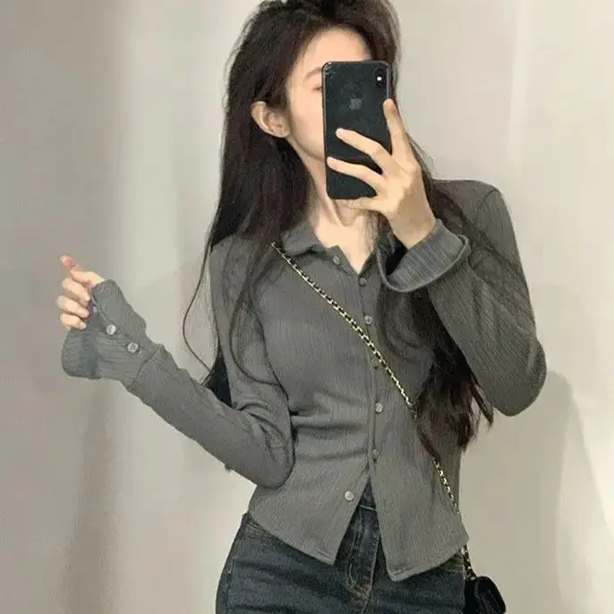 Polo Collar Long-Sleeved Shirt Autumn New Style Women Pure Lust Style Slim Design Versatile Right Shoulder Hot Girl Top