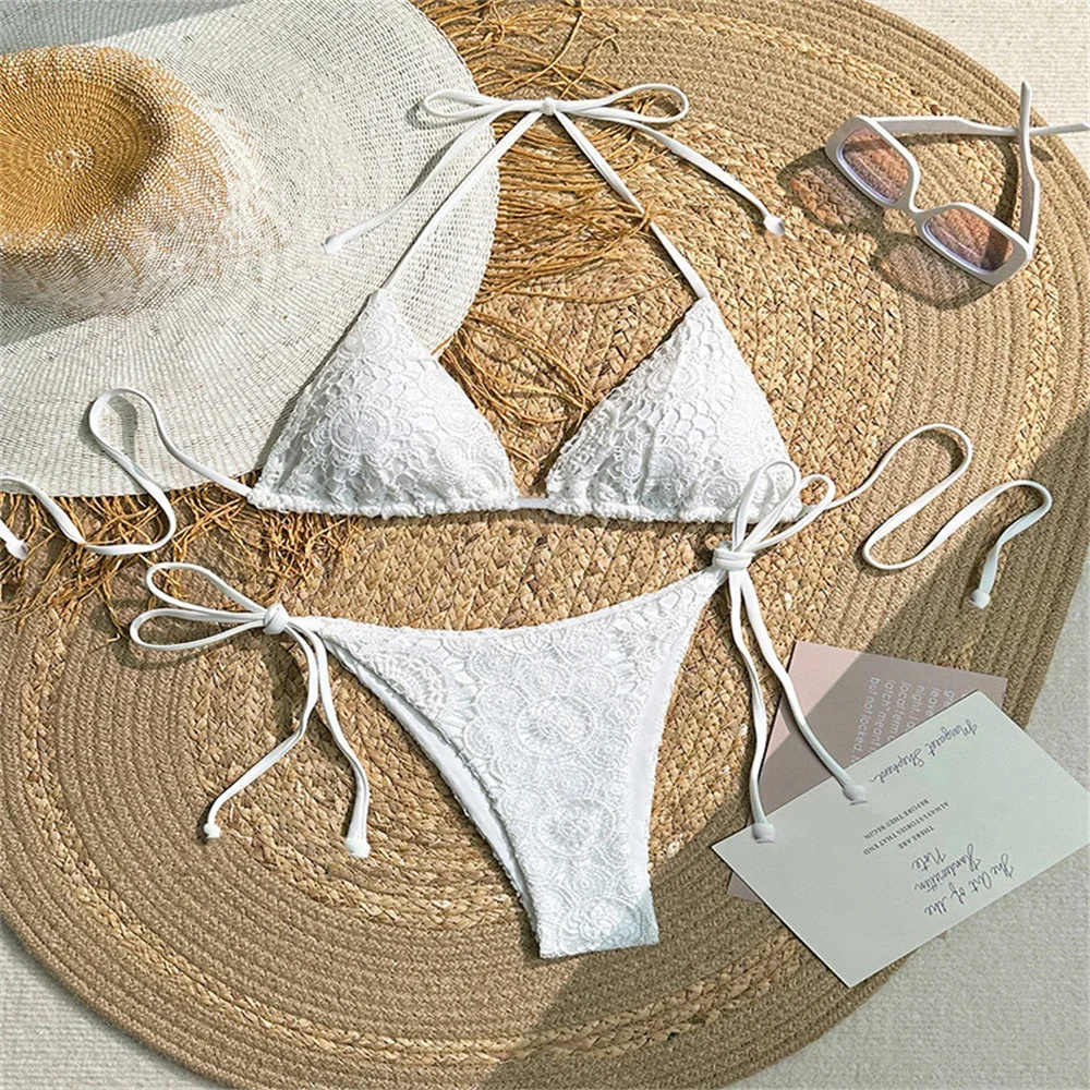 

Sexy Lace Jacquard Bikini White Y2K Swimsuit Push Up Halter String Backless Vacation Swimwears Elegant Women Beach Bathing Suits