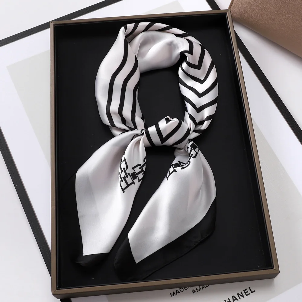 

Luxury Black Striped Silk Square Scarf Women Satin Neck Hair Tie Band Soft Work Neckerchife NEW Hijab Head Female Foulard 70cm