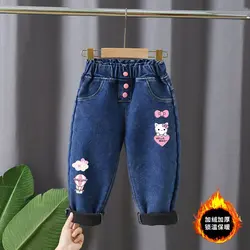 Korean version children's jeans winter girls with plush thick High waist elastic cartoon printed jeans babies warm pants1-6Y