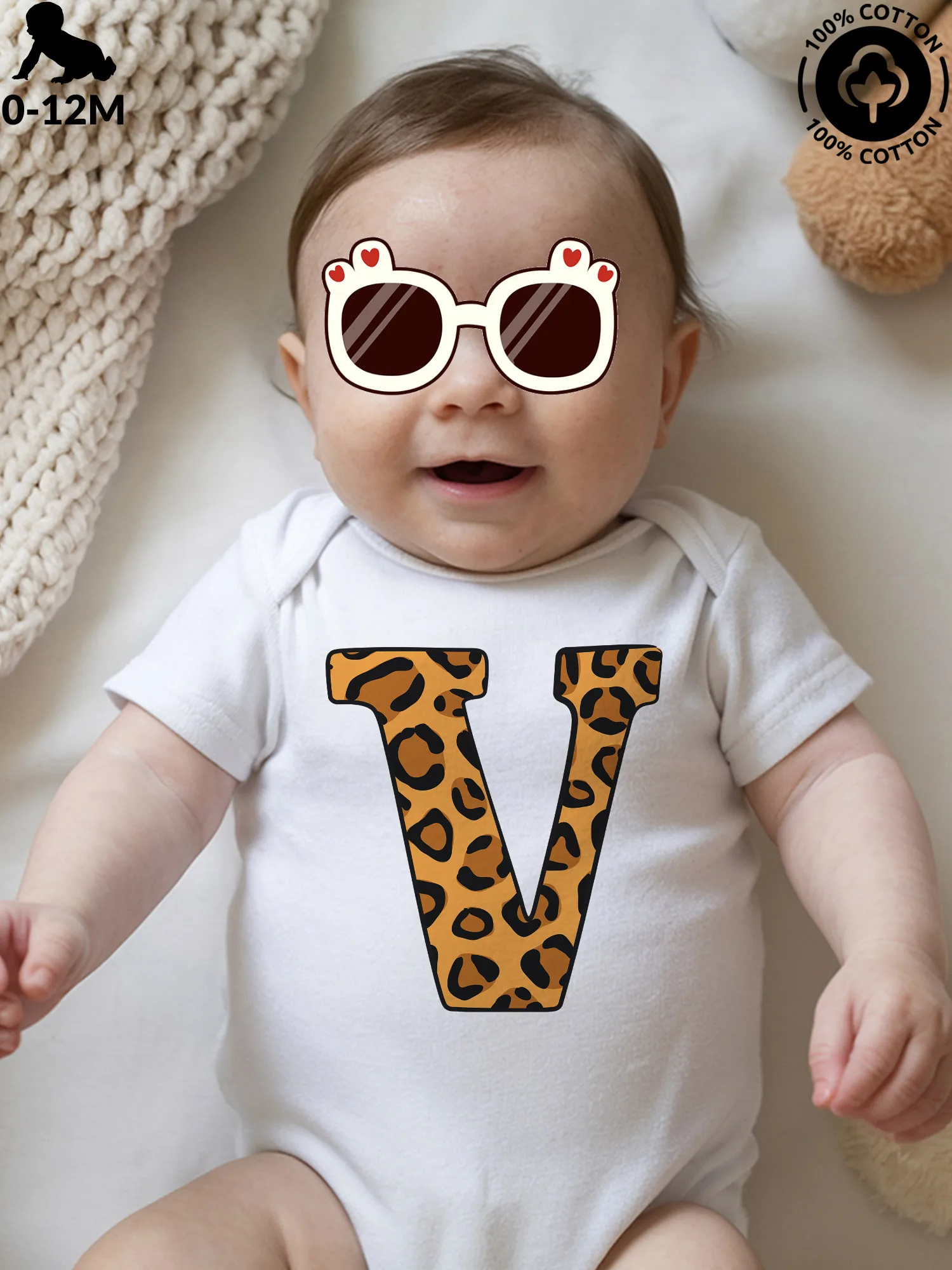 

Детский комбинезон-слип унисекс с леопардовым принтом и буквами V, из чистого хлопка, мягкий, всесезонный, белый, 190 г/м²