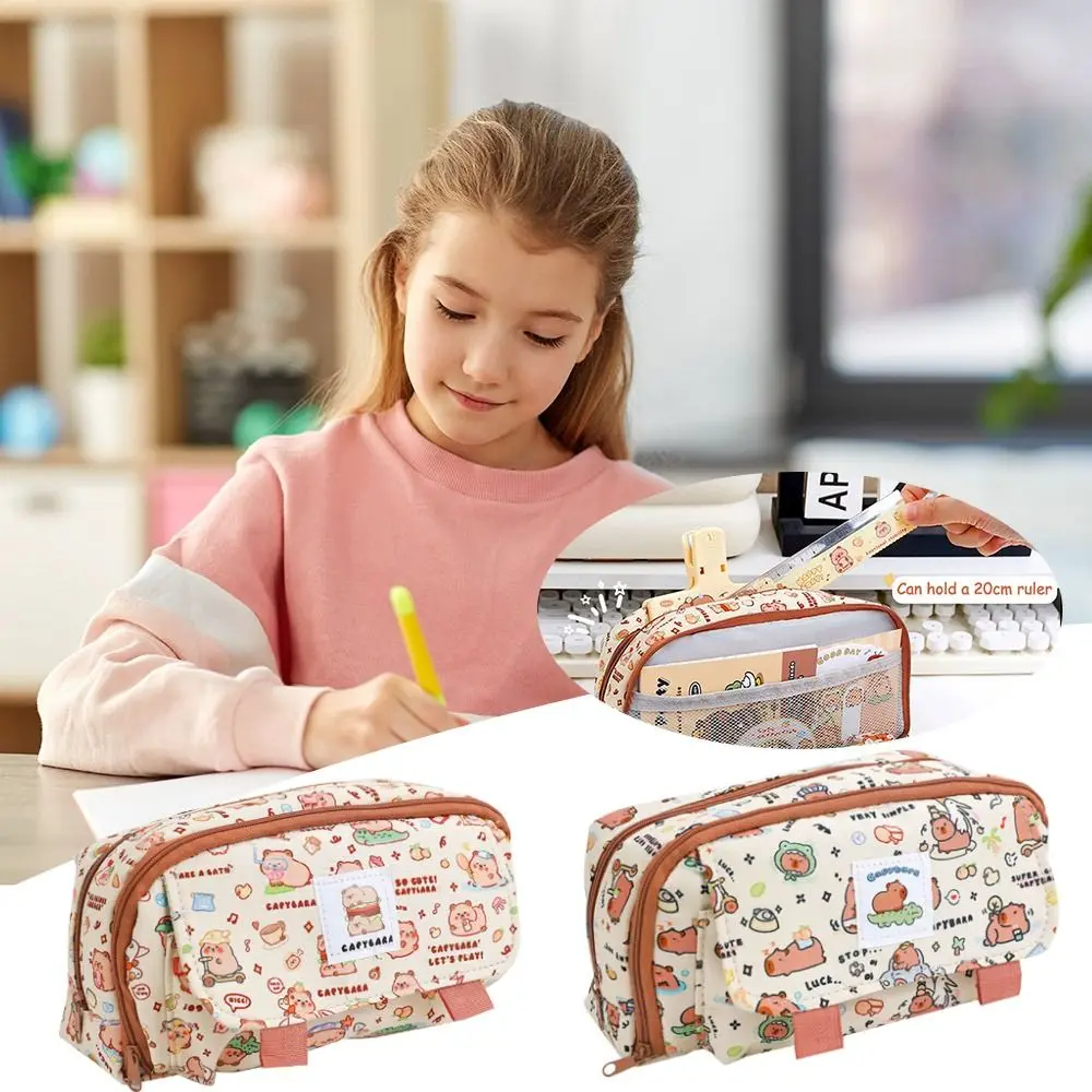 Cartoon Print Capybara Pencil Case Large Capacity Flip Over Stationery Storage Pouch Four-layer for Office School Supplies