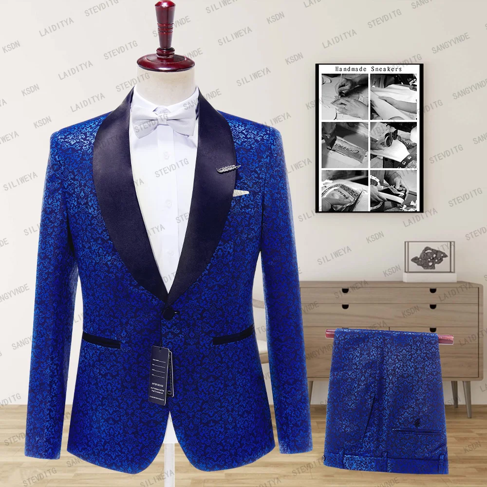 

SILIWEYA 2023 New Arrival Men Suits Black Shawl Fashion Blue Jacquard Pattern Flora Groomsmen Wedding Best Man Jacket+Pants