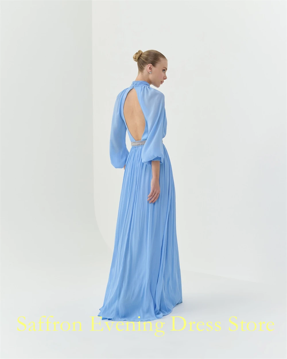 Customized Graceful V-Neck Chiffon Puff Sleeves Evening Dress Delicate Backless Party Dress Classic Front Slit A-Line Prom Dress