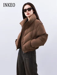 Casual fashion Zipper down jacket Brown Gray Women Warm Turtleneck cropped puffer coat 2023 New collection Outwear INKEO 3O274