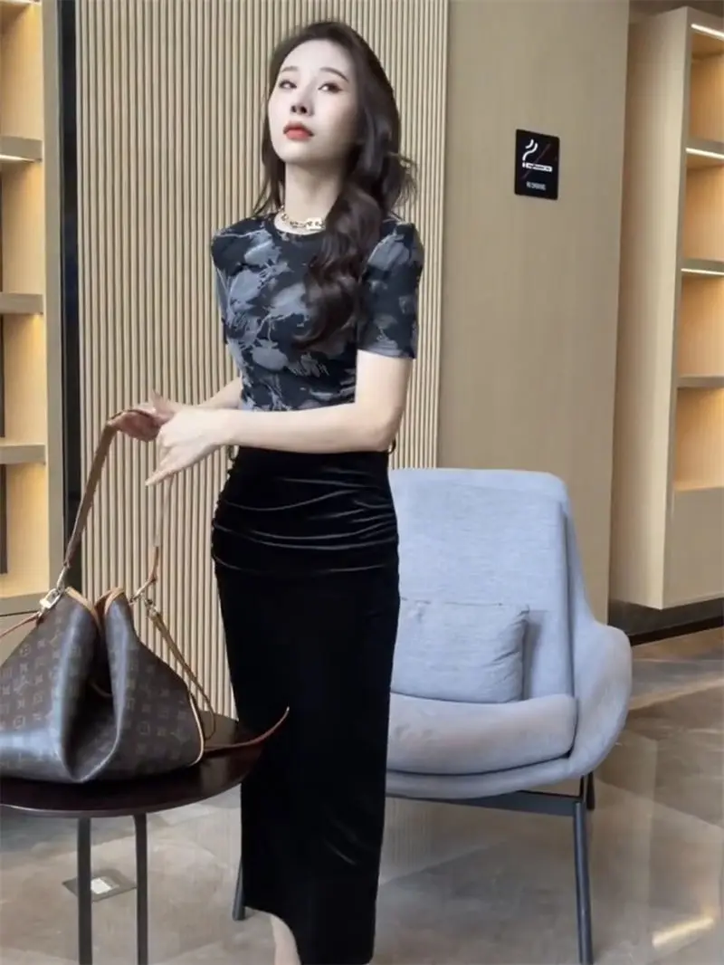 Side Drawstring Pleated Base 2025 Summer New Slim Fit Round Neck Short Sleeve T-shirt for Women