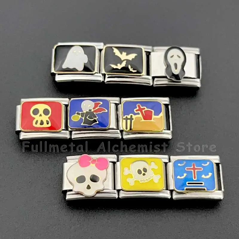 イタリアのステンレス鋼ブレスレットチャーム 9 ミリメートルモジュールハロウィン取り外し可能なゴーストパターンカップルギフトジュエリーメイキング DIY スプライシング