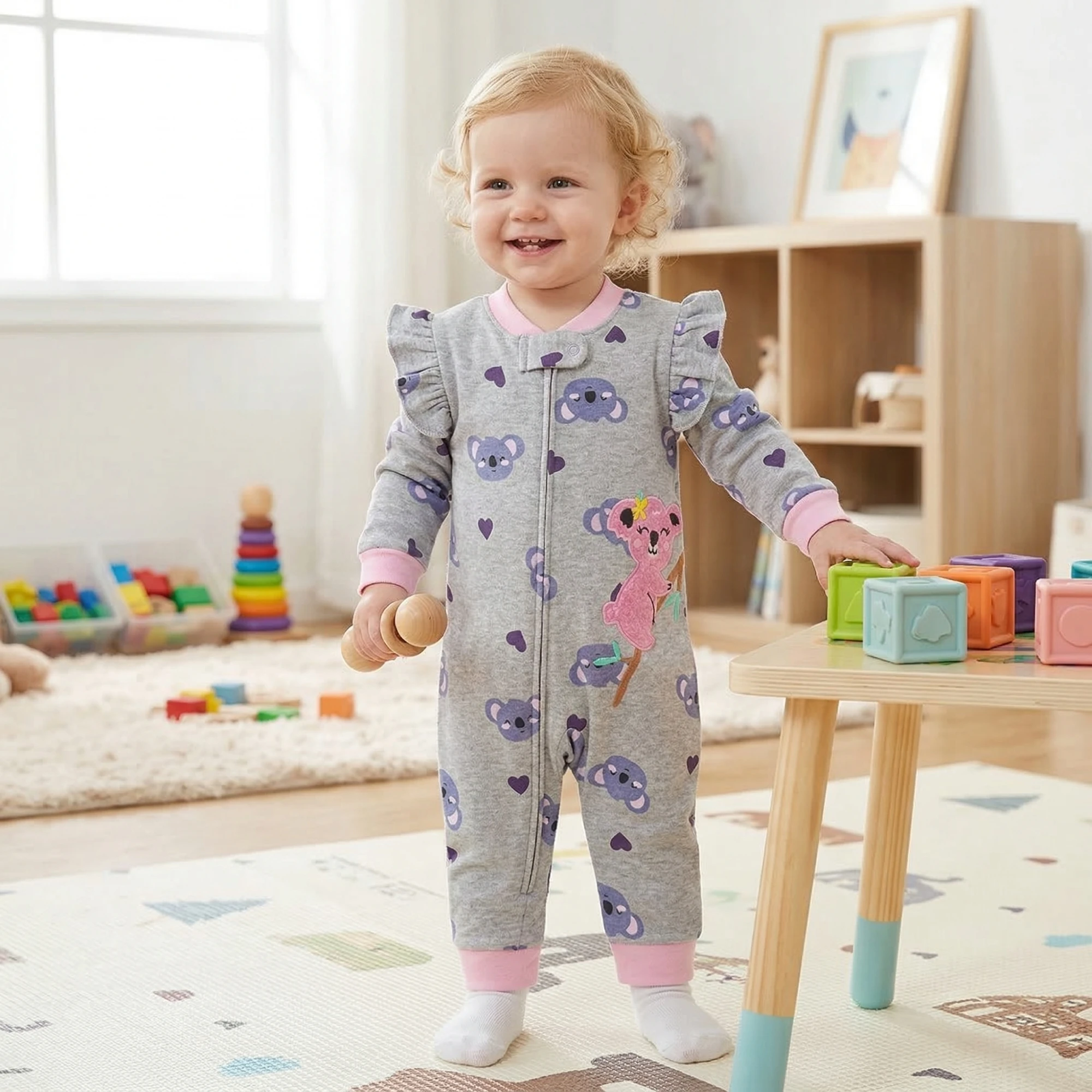 Double-sided Cotton Baby Romper All-over Unicorn Koala Print&Embroidery Zip Onesie Ruffle Shoulder for 6-24M Girls All Seasons