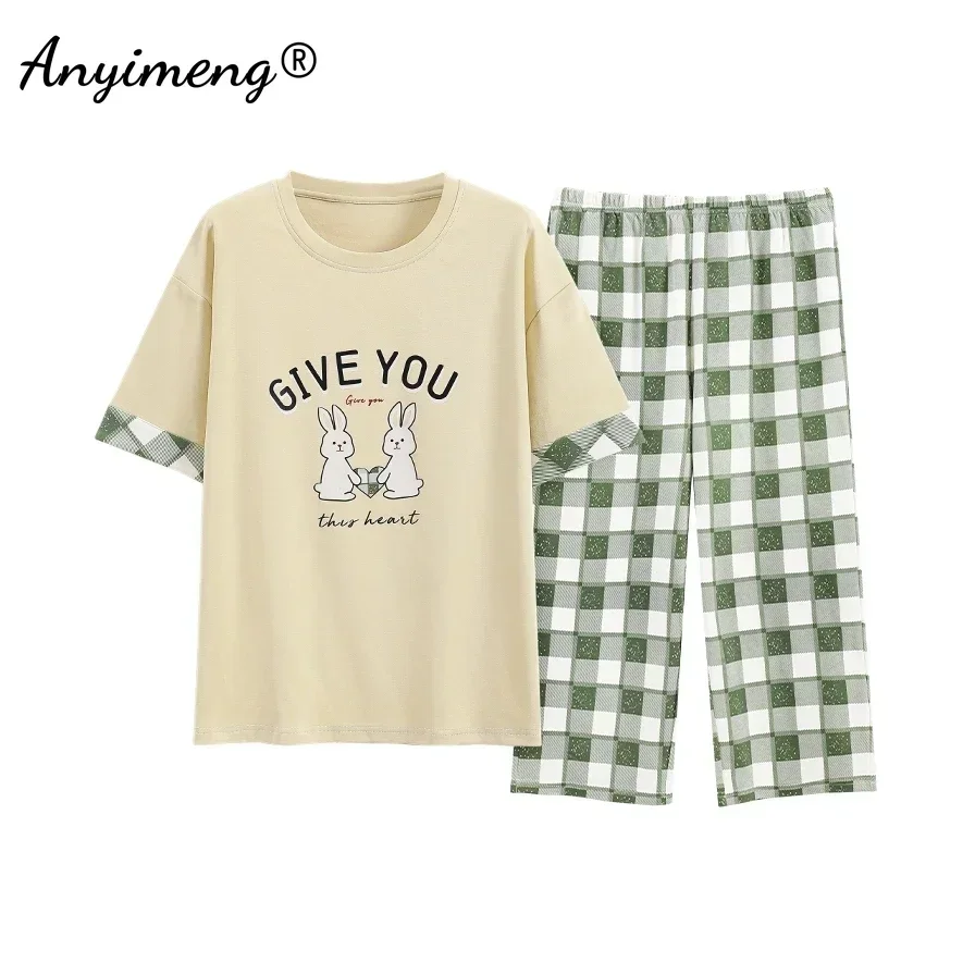 Women Capris Pajamas Set Summer Cotton Sleepwear Elegant Floral Printing Calf-length Loungewear Leisure Cropped Trousers Pyjamas