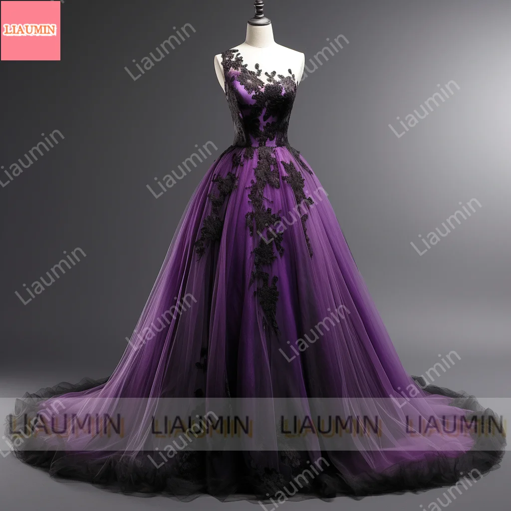 Purple Black Lace Applique Strapless Ball Gown Full Length Evening Party Prom Dress Formal Occasion Hand Made Customized W2-3