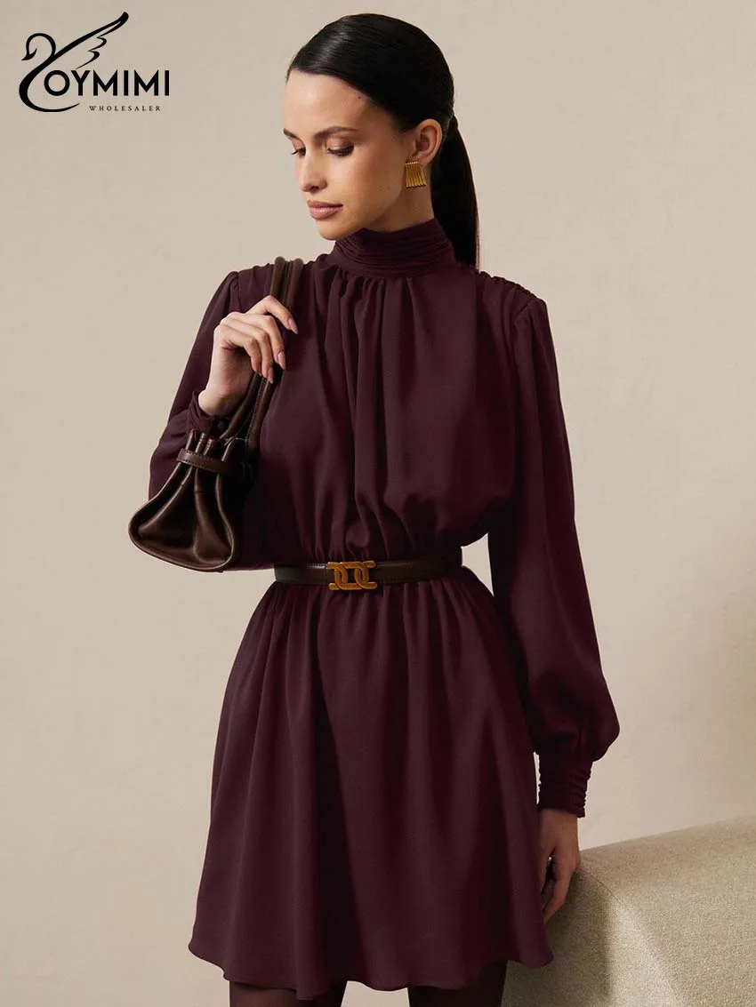 

Oymimi Fashion Wine Red Turtleneck Womens Dresses Elegant Long Sleeve Open Back Lace-Up Dresses Casual High Waist Mini Dress