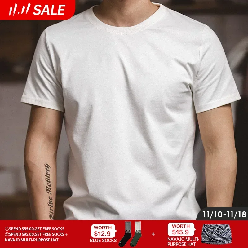 

Maden 1Pc/2Pcs Solid Cotton Men's T-shirts Short-sleeved Round Neck Black Beige T-Shirt Classic Heavyweight Oversized Tees Tops