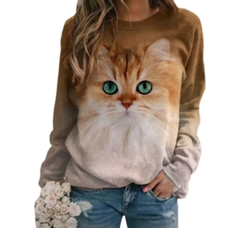 2024 popular new women's round neck hoodie with cute printed cat pattern long sleeved pullover and personalized women's clothing