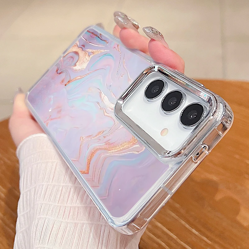 Plating Lens Frame Watercolor Case For Samsung Galaxy S24 Ultra S23 S22 S21 S20 FE A33 A14 A34 A52 A53 A54 A55 A15 A25 A35 5G