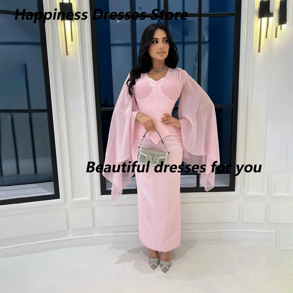 

Elegant Pink Midi Evening Dress Square Neck Fuffy Long Sleeves Jersey Straight Prom Dresses Ankle Length Party Dress