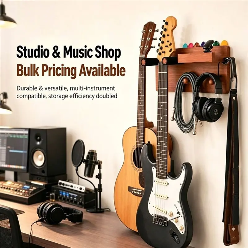 A79E-Guitar Wall Mount Shelf With 2 Hooks And Pick Holder, Solid Wood Guitar Hanger Rack For Multiple Instruments