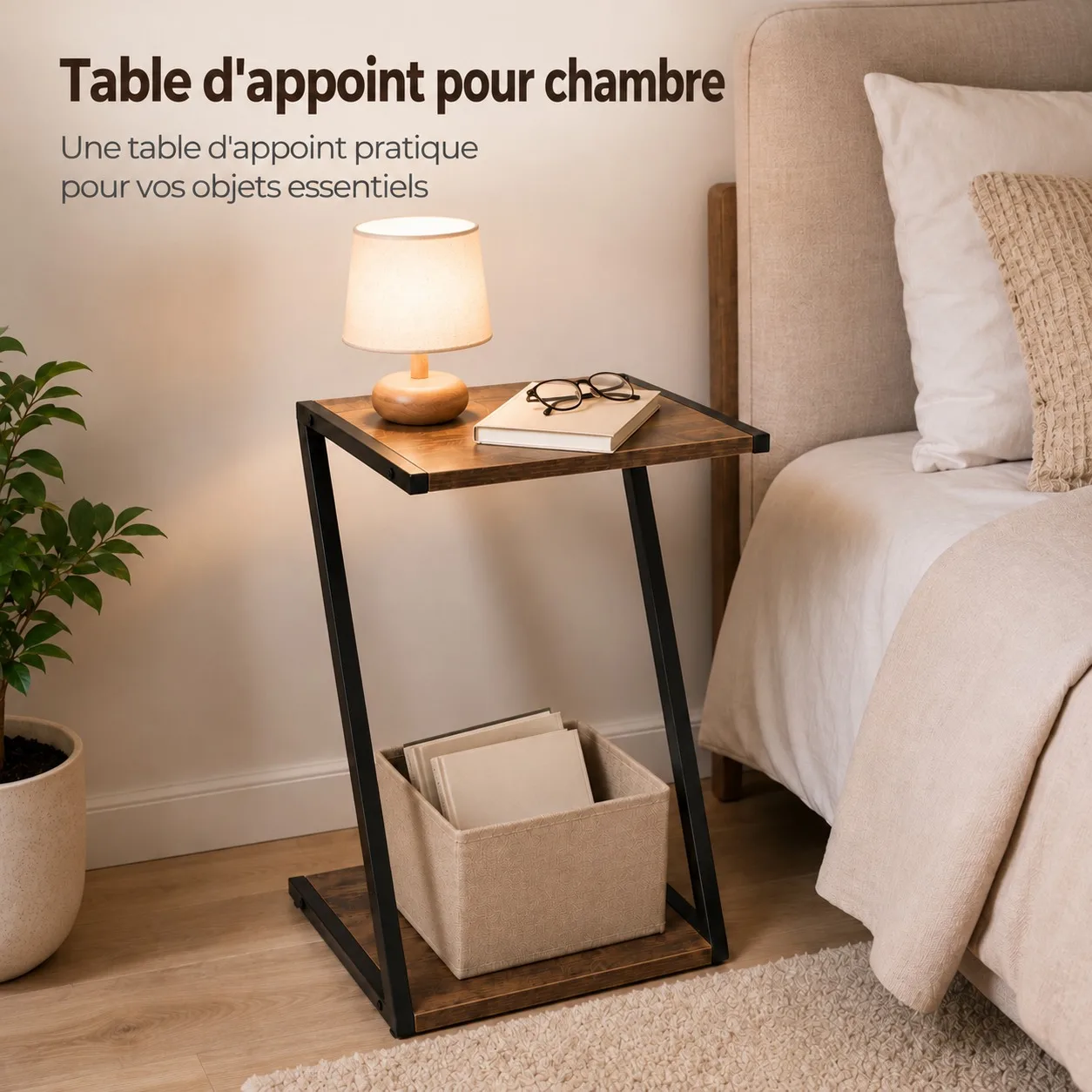 Mesa auxiliar industrial con forma de Z para el salón y el dormitorio, mesa compacta para colocar al lado del sofá, con estructura de metal negro y superficie de madera de color marrón, mueble con espacio de almacenamiento, 20x29x50 cm.
