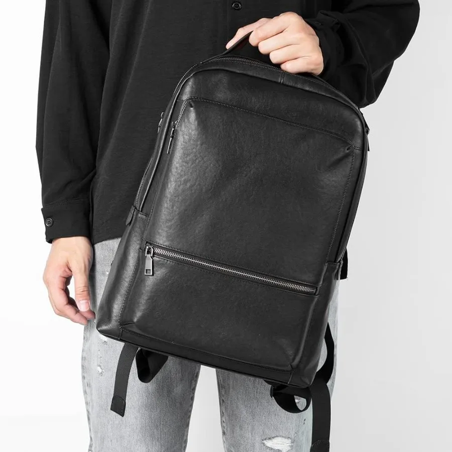 حقيبة ظهر للكمبيوتر المحمول من الجلد الطبيعي مقاس 15.6 بوصة للرجال والنساء حقيبة سفر للأعمال والمشي لمسافات طويلة حقيبة ظهر Daypack 2 # أسود #6