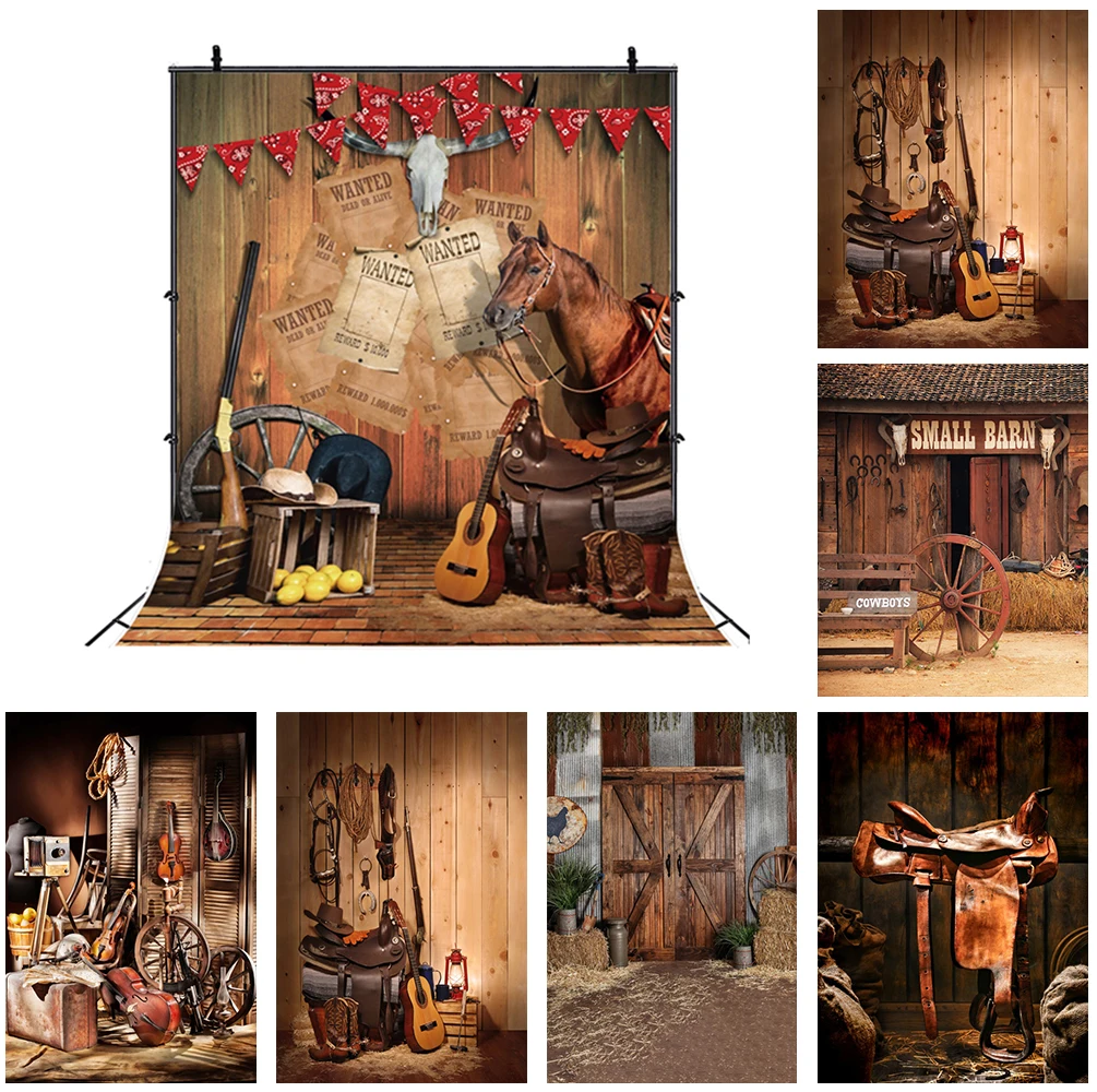 Laeacco Western Cowboy Backdrop Wild West Wooden House Granary Horse Boys\' Birthday Baby Shower Portrait Photography Background