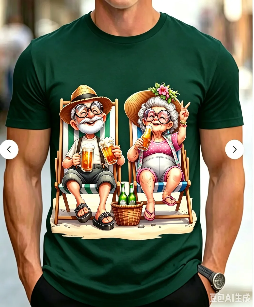 Summer beach vacation old couple beer cartoon 3D printed short-sleeved men's funny casual goofy character T-shirt upper garment