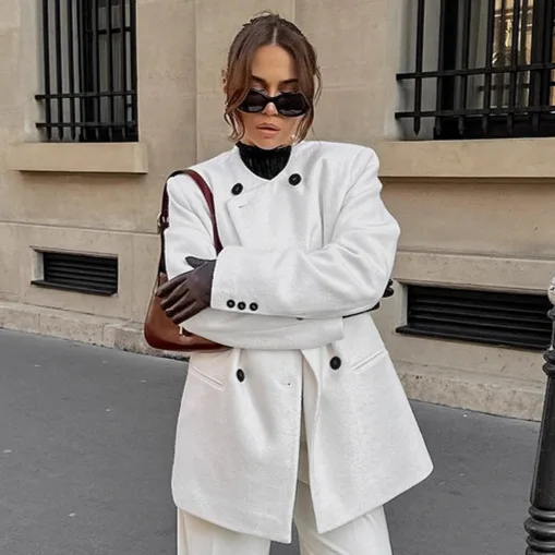 

Minimalist Autumn Women's Suit Jacket White V-Neck Double Breasted Pockets Outwear For Female Slim Fit Mid-Length Lady's Coat